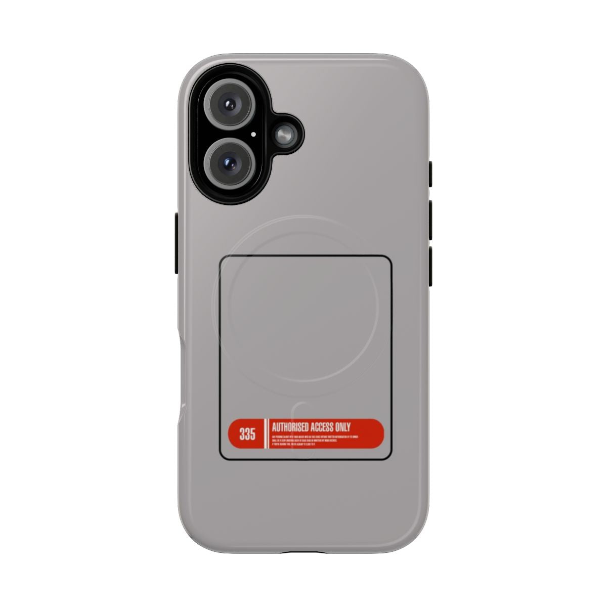 Grey phone case with "Authorised Personnel Only" sci-fi inspired design