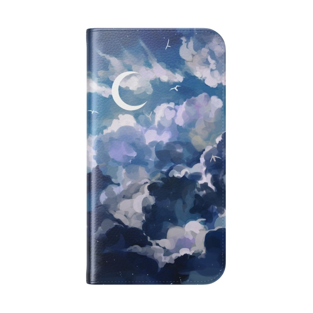 Flip cover phone case with a scenic landscape design featuring blue skies and clouds - Folded Back