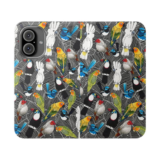 Colorful, hand-drawn paradise bird and floral pattern on a phone case