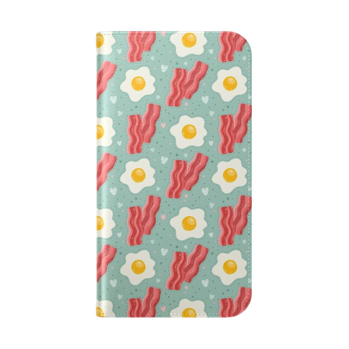 A colorful flip cover phone case featuring a design of scrambled eggs and crispy bacon. - Folded Back