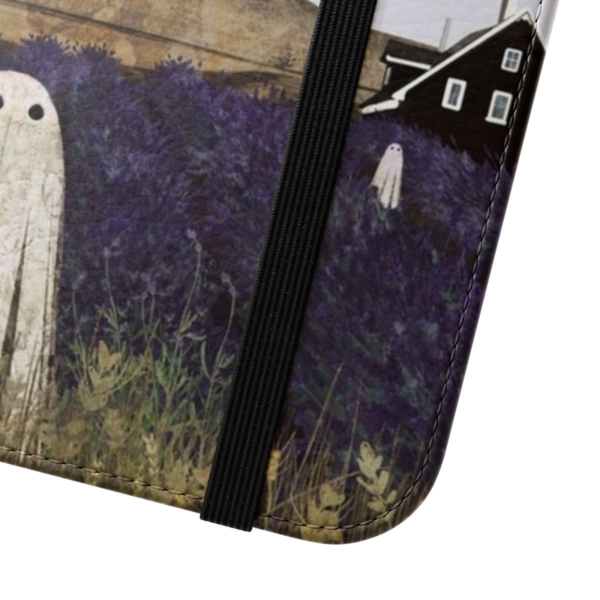 Lavender fields inspired flip cover phone case with a haunted house design - Close Up