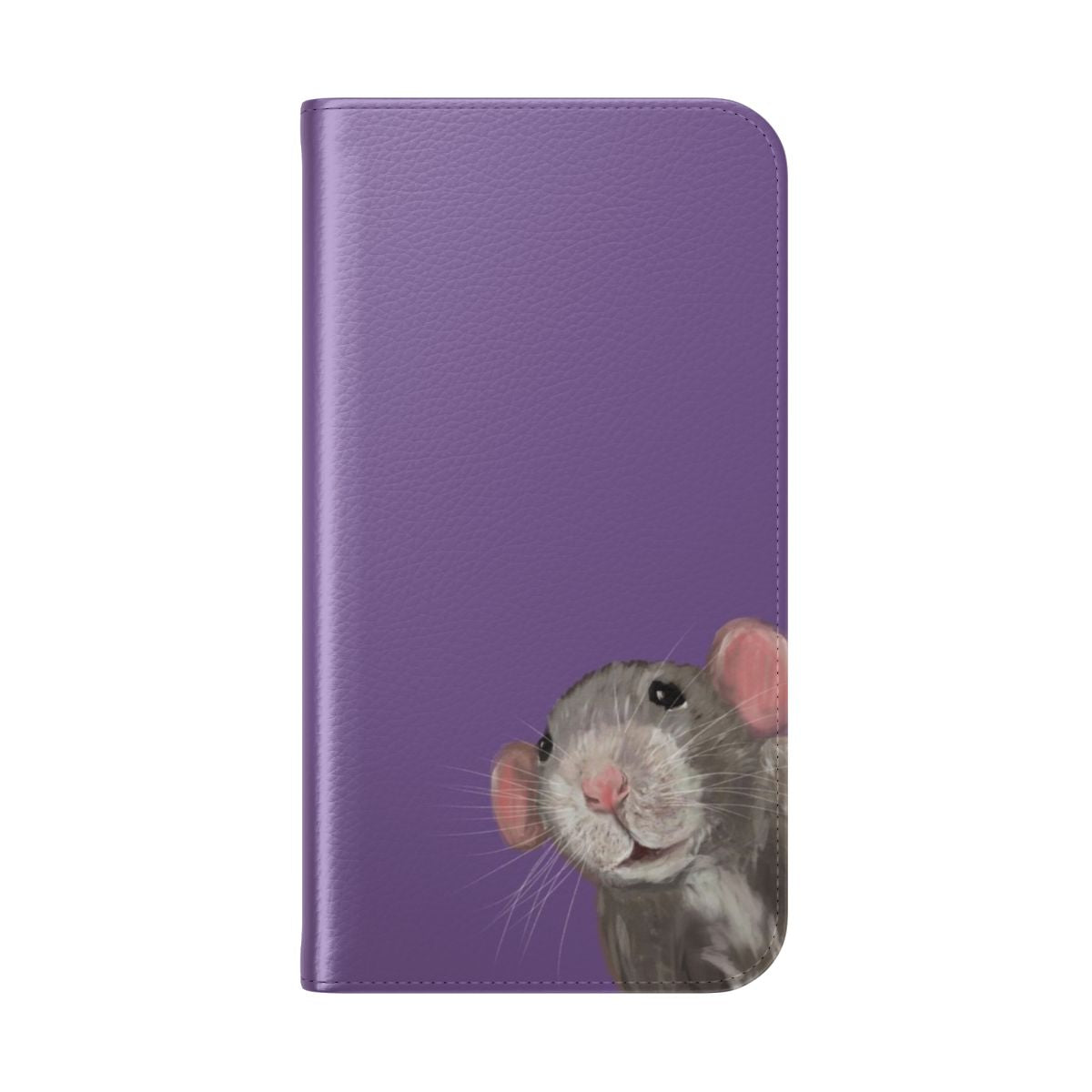 Purple flip cover phone case with a cute portrait of a pet rat or dumbo rat. - Folded Back