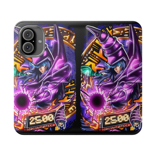 Black magician-themed flip cover phone case with dragon design