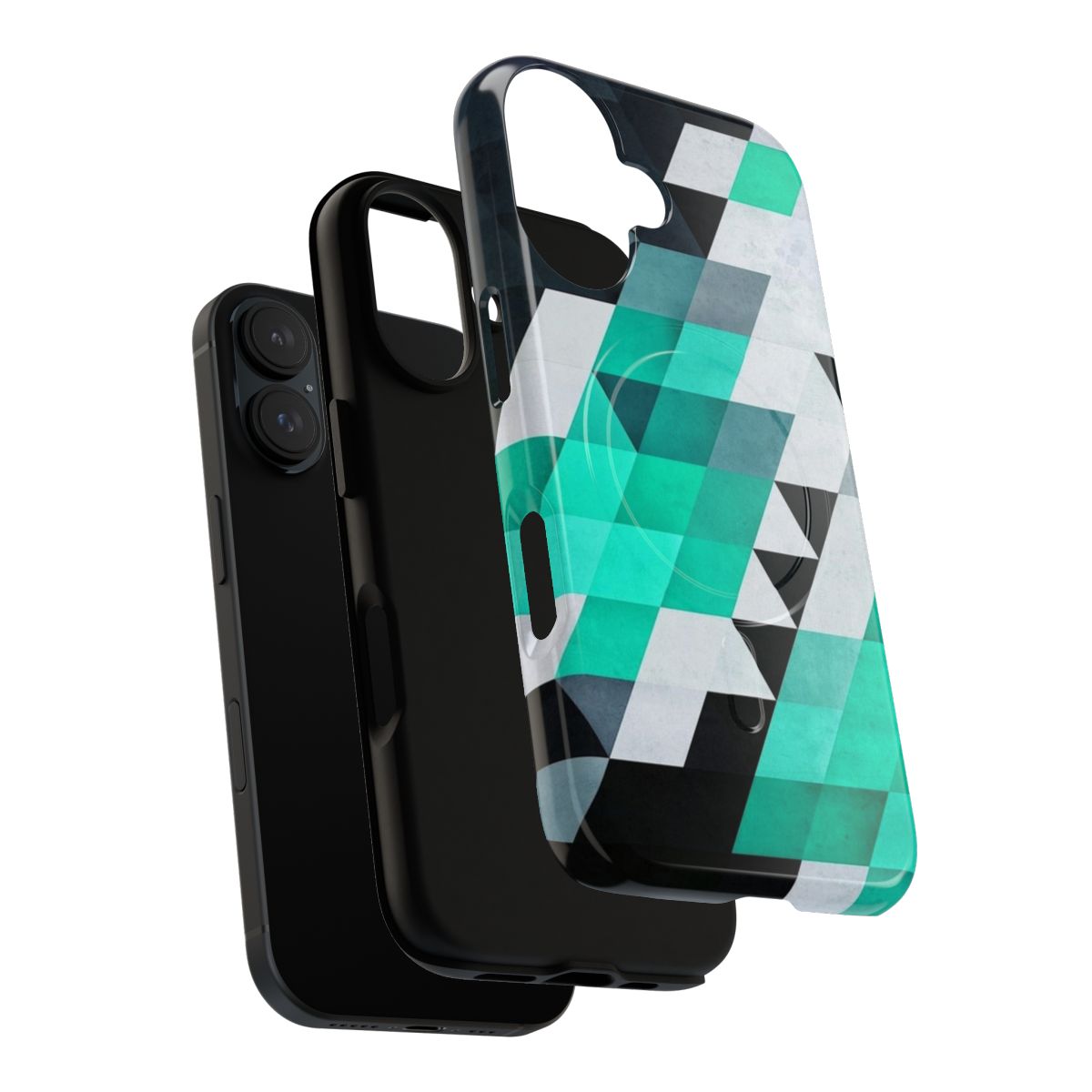 Geometric pattern phone case in teal, white, and black colors with an abstract, isometric design - Layers