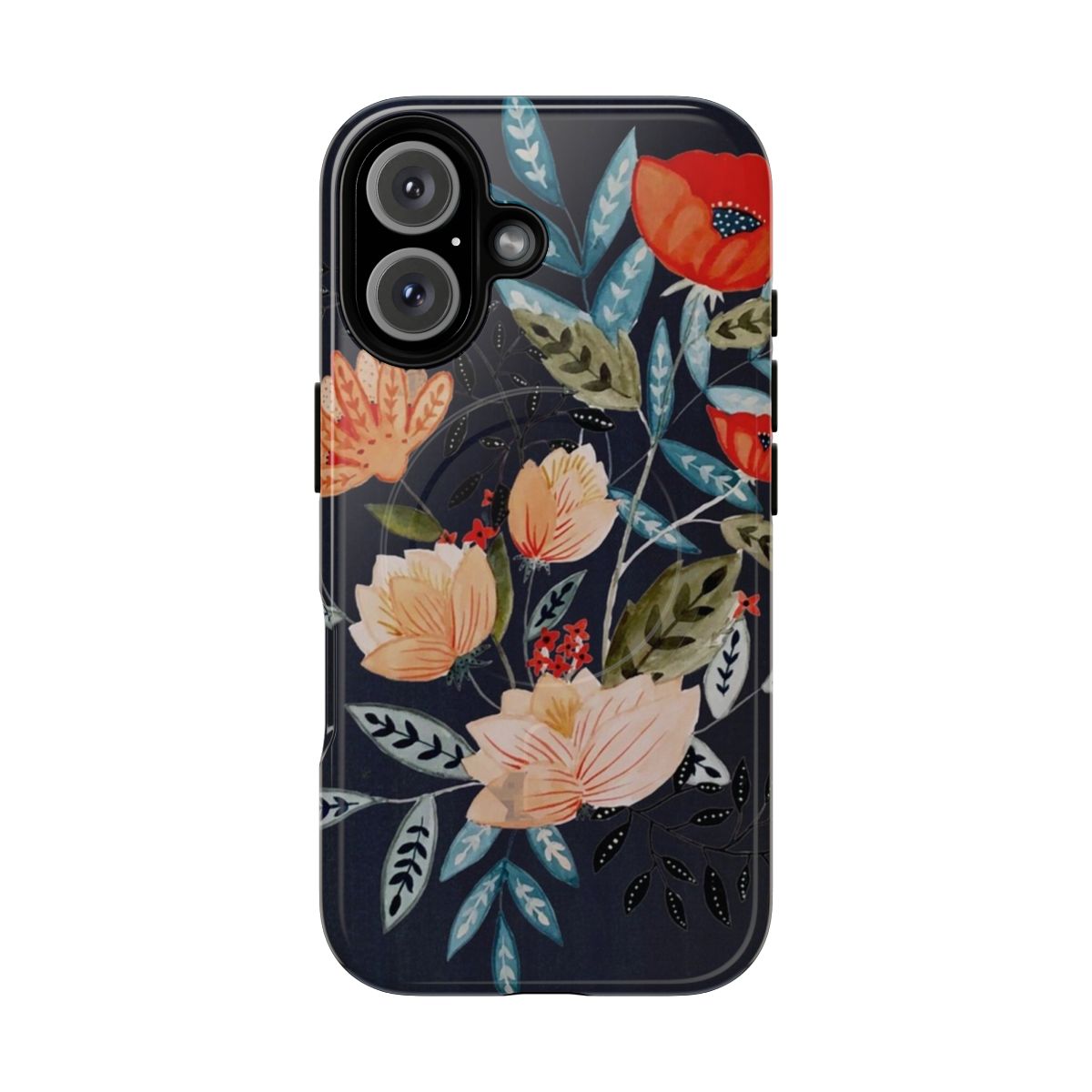 Midnight blue and navy botanical floral phone case with delicate flowers, leaves, and a whimsical bouquet design.