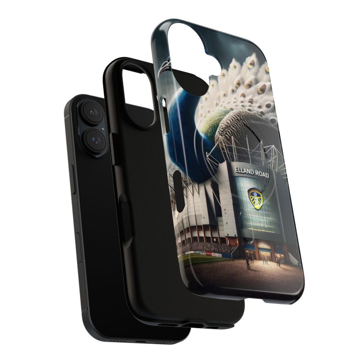 Elegant phone case featuring a majestic peacock design with the Elland Road stadium in a stormy, dramatic sky. - Layers