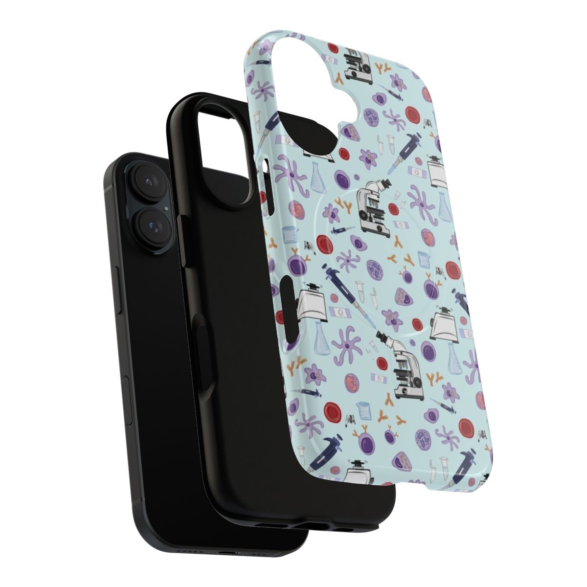 Phone case with science-themed design featuring microscopes, beakers, and blood cells - Layers