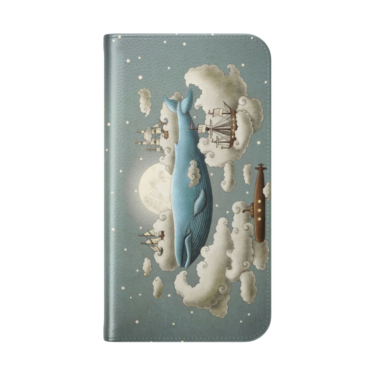 Flip phone case featuring a whimsical ocean meets sky design with a blue whale, tall ships, and vintage submarine. - Folded Back