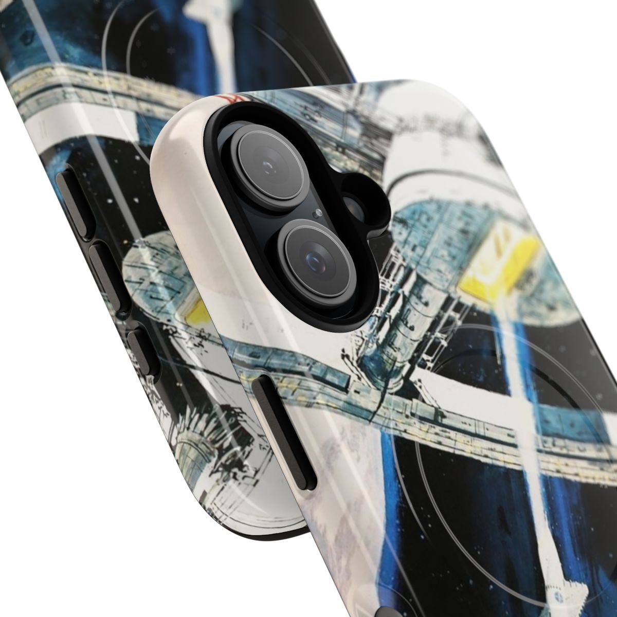 Retro-style phone case with a space station inspired art design - Detail