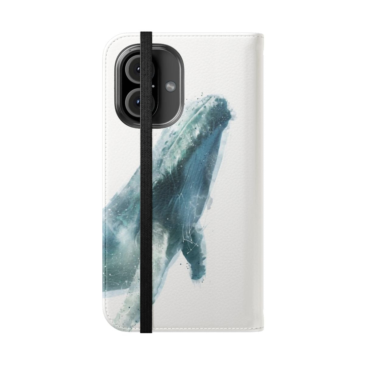 A beautiful phone case featuring a lifelike illustration of a majestic humpback whale swimming in the deep blue ocean. - Folded Front