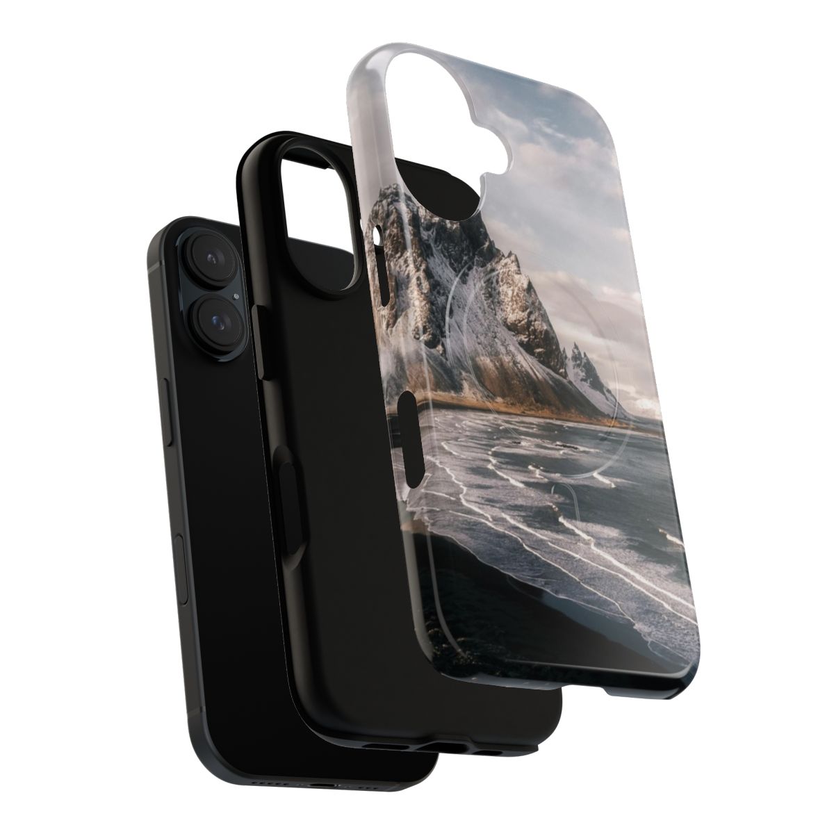 Magnetic tough phone case with a breathtaking landscape photography image of the Stokksnes beach in Iceland, featuring mountains, sunset, and waves. - Layers