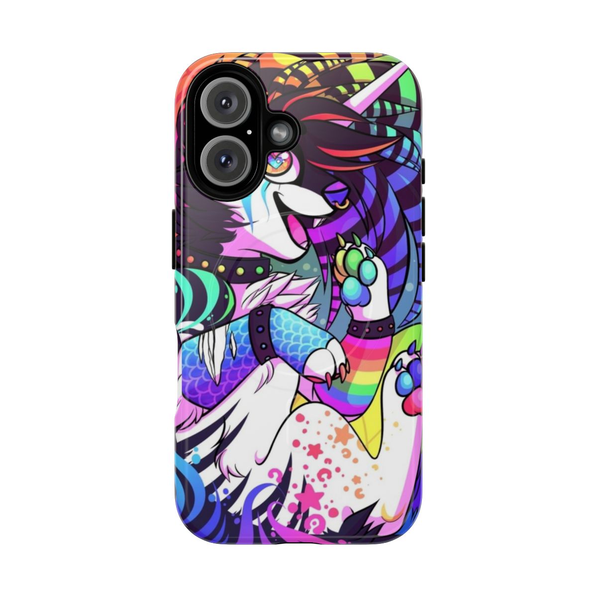 Colorful sparkly magnetic tough phone case with images of shiba inu, wolf, and rainbow