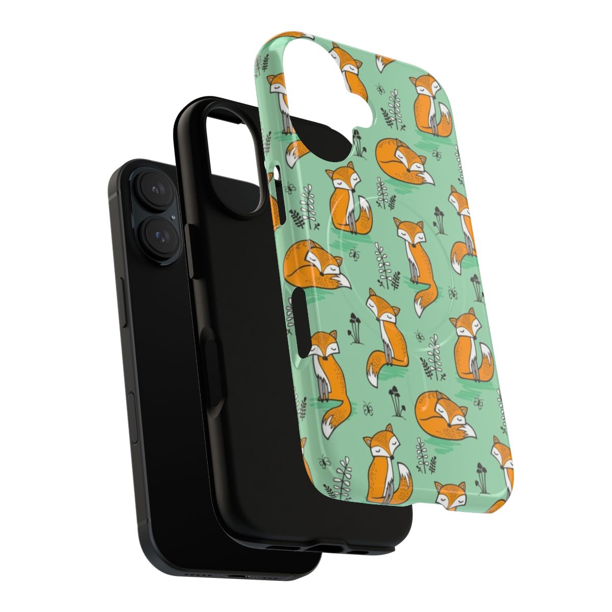 Whimsical fox illustration on a green magnetic tough phone case - Layers