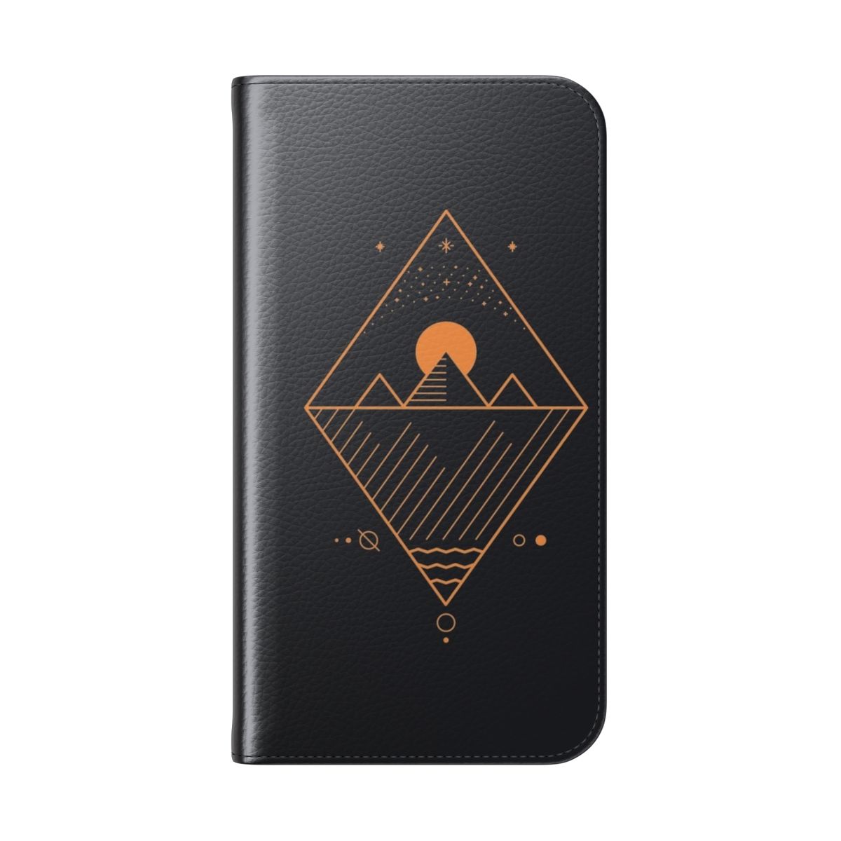 Minimalist sci-fi geometric phone case with line art, stars, and pyramids - Folded Back