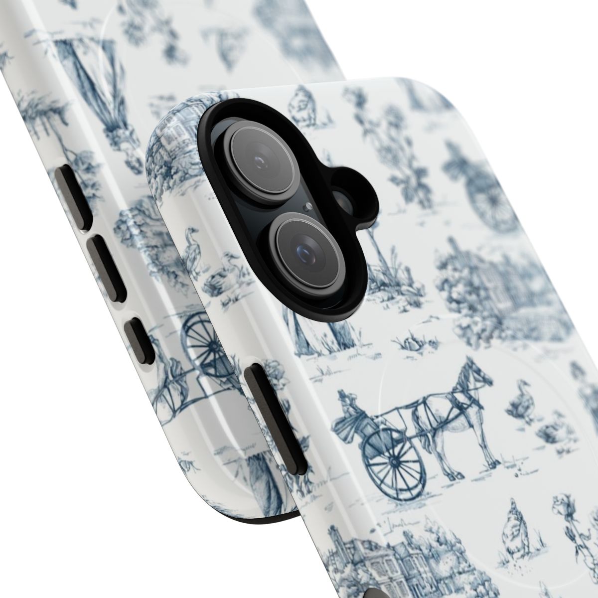 A blue and white Toile de Jouy inspired phone case featuring a design inspired by the classic Jane Austen novel "Pride and Prejudice". - Detail