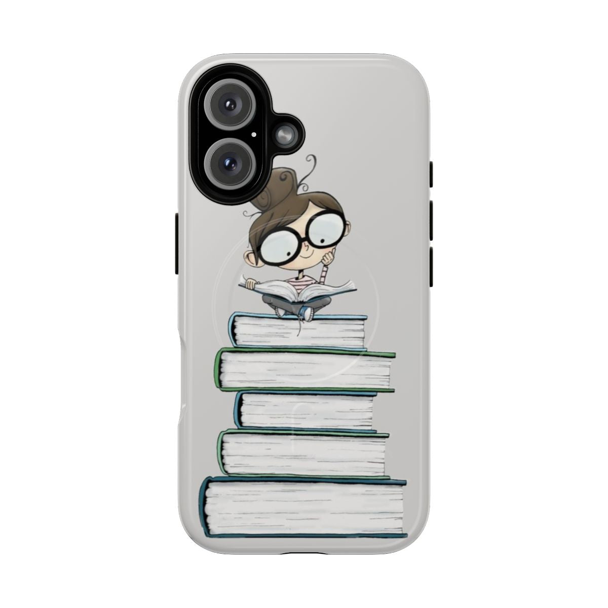 A protective phone case with a magnetic book lover design for kids and children.