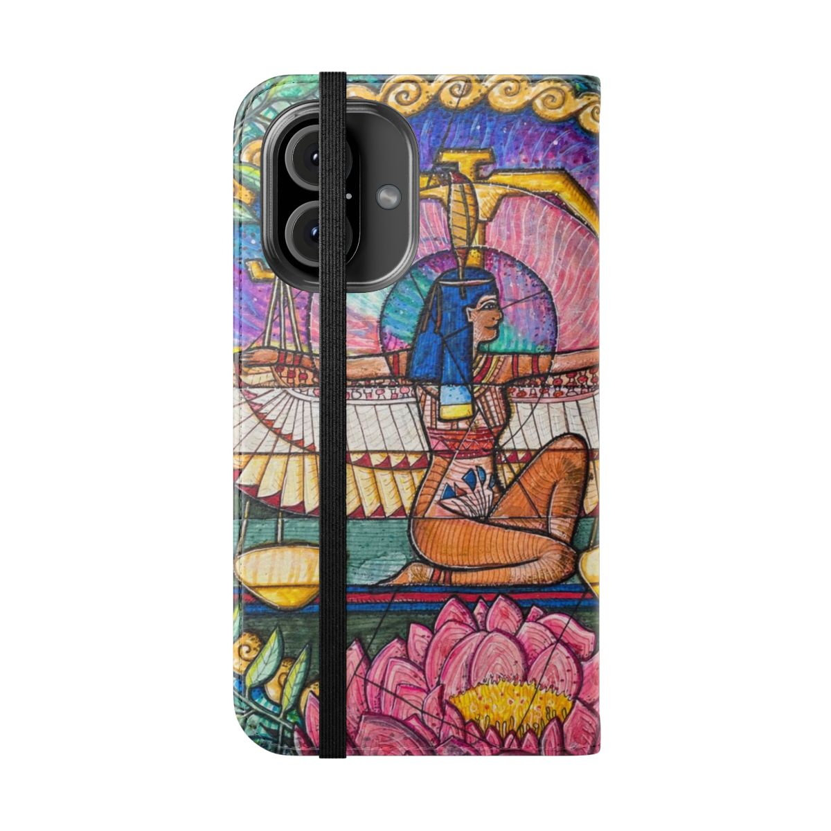 Image of a flip phone case with a Libra-inspired design featuring a scale, peony flower, and ancient Egyptian elements. - Folded Front