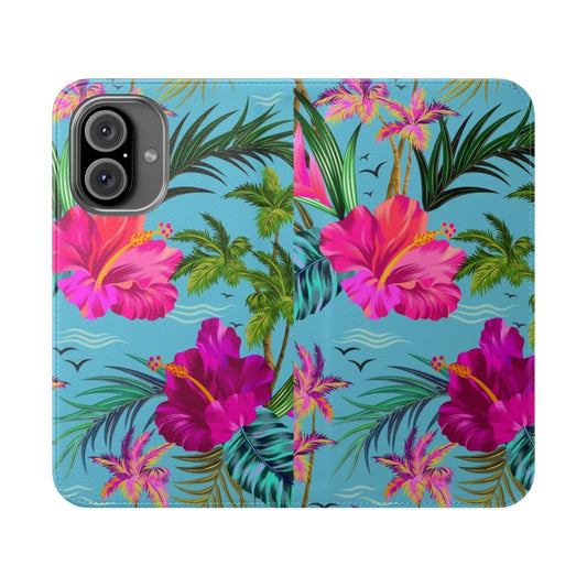 Tropical beach phone case with a stylish retro aloha pattern featuring flowers, leaves, and birds.