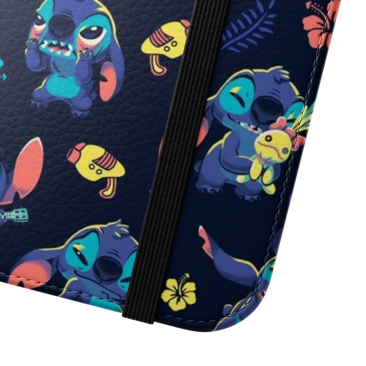 Colorful flip phone case with a cute stitch-inspired cartoon design featuring an alien-like character and Hawaiian elements - Close Up