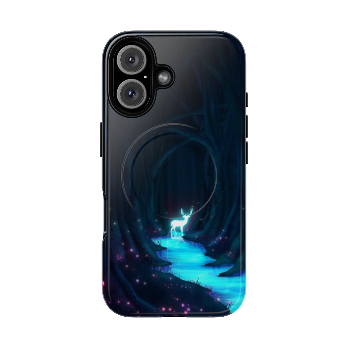 Enchanting magnetic tough phone case featuring a fantasy landscape with a glowing deer patronus