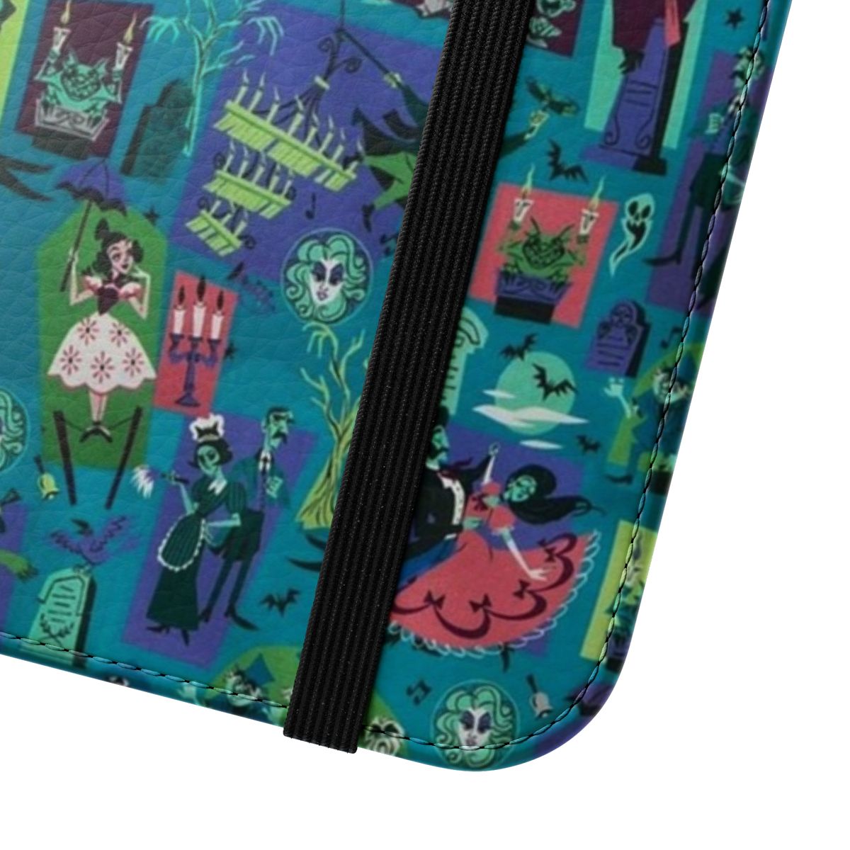 Haunted Mansion inspired flip cover phone case with a gothic, spooky design - Close Up