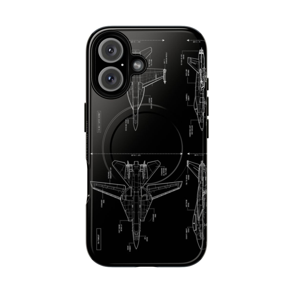 Top Gun-inspired phone case with F14 Tomcat and FA18 Super Hornet aircraft blueprint design