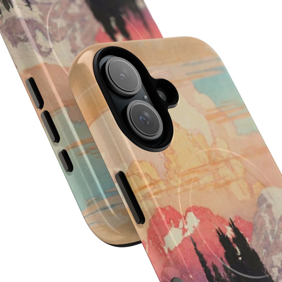 Breathtaking mountain landscape with snow, clouds, and sunset colors on a magnetic protective phone case - Detail