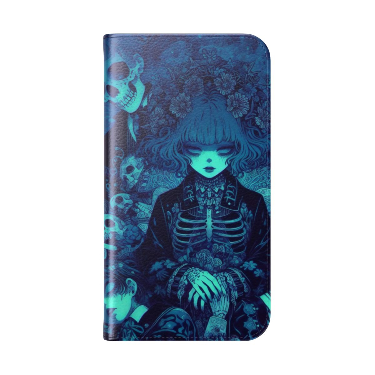 Artistic phone case with blue skeletal figure and haunting rainy night scene, representing the Guardians of Memory. - Folded Back