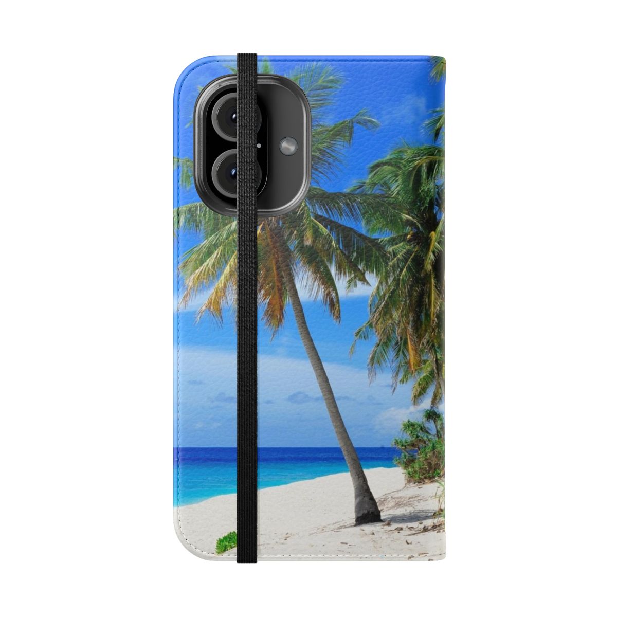 Flip cover phone case featuring a tropical palm tree beach landscape design - Folded Front