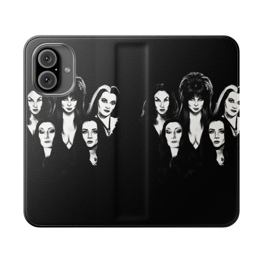 A dark, gothic-inspired phone case featuring classic horror movie icons Elvira, Vampira, Lily Munster, and Morticia Addams.