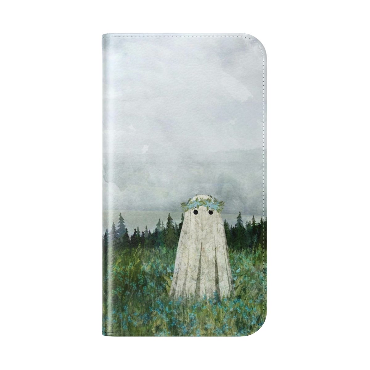 Whimsical phone case featuring a haunting meadow landscape with ghostly blue flowers - Folded Back