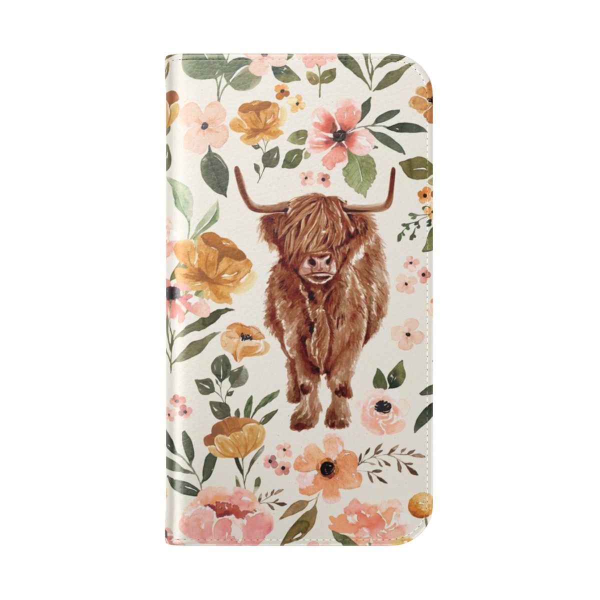 Stylish flip cover phone case featuring a hand-painted highland cow design with boho floral elements. - Folded Back