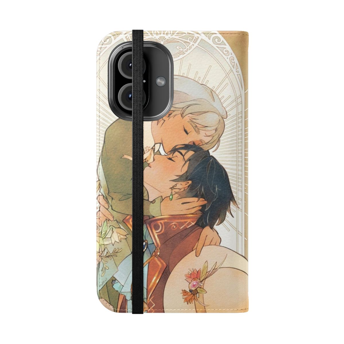 Whimsical art nouveau-style flip cover phone case featuring characters from the beloved anime "Howl's Moving Castle" - Folded Front