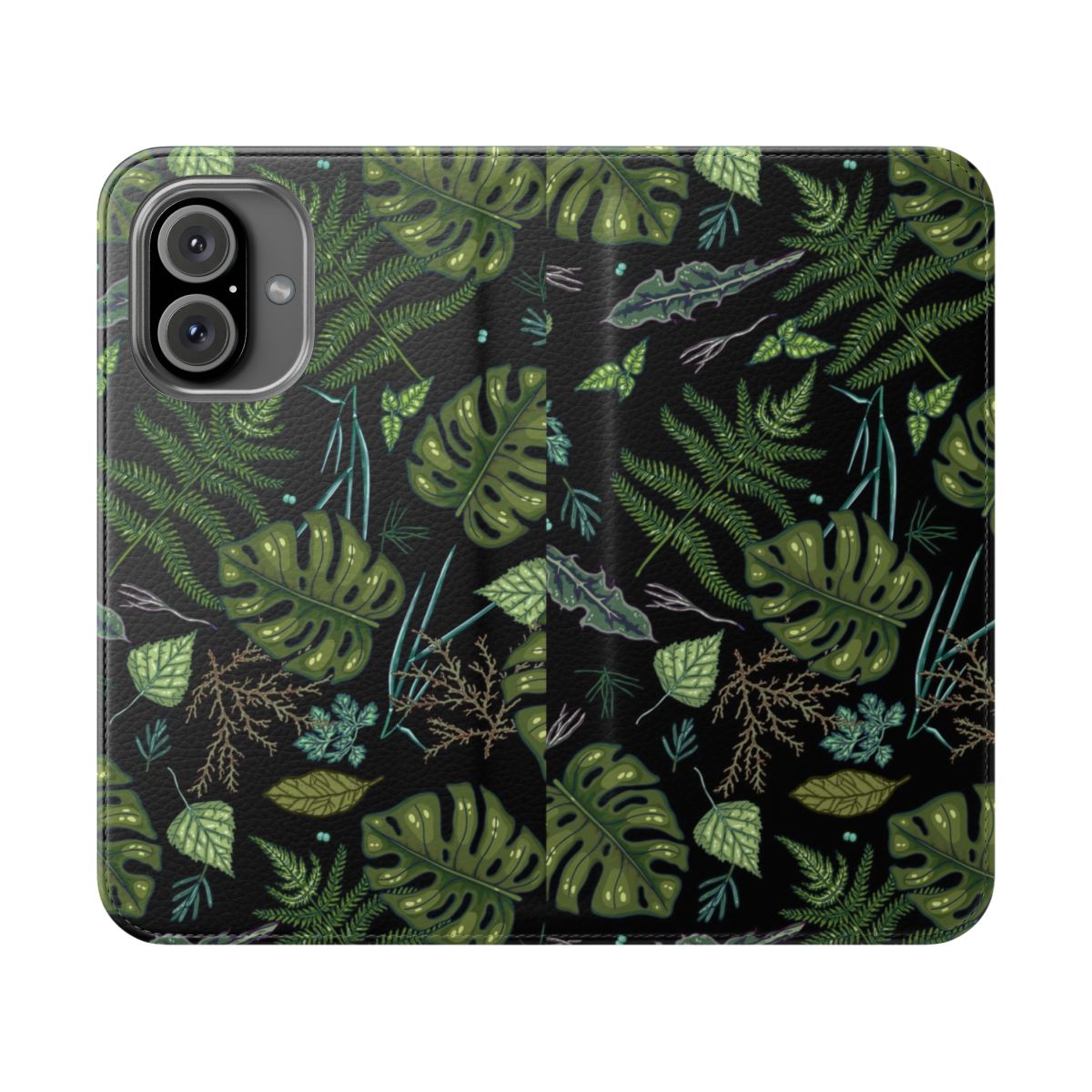 A green flip cover phone case featuring a lush, tropical jungle pattern with ferns, monstera leaves, and other botanical elements.