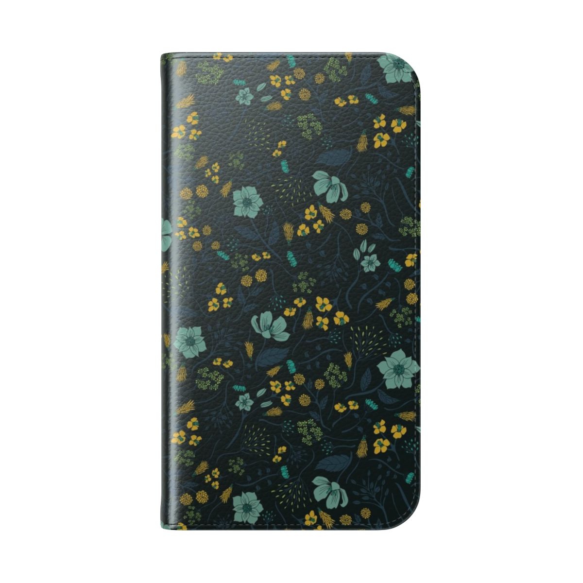 Colorful floral pattern flip phone case in shades of turquoise, yellow, green, and navy blue. - Folded Back