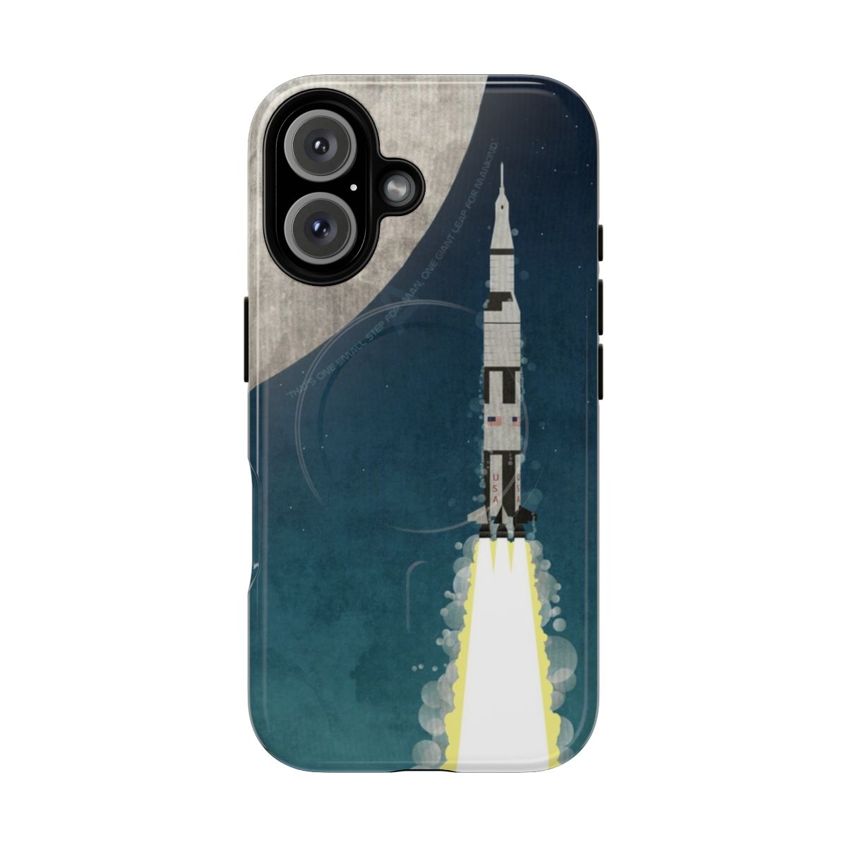 Artistic rendering of an Apollo rocket with a magnetic tough phone case in the foreground.