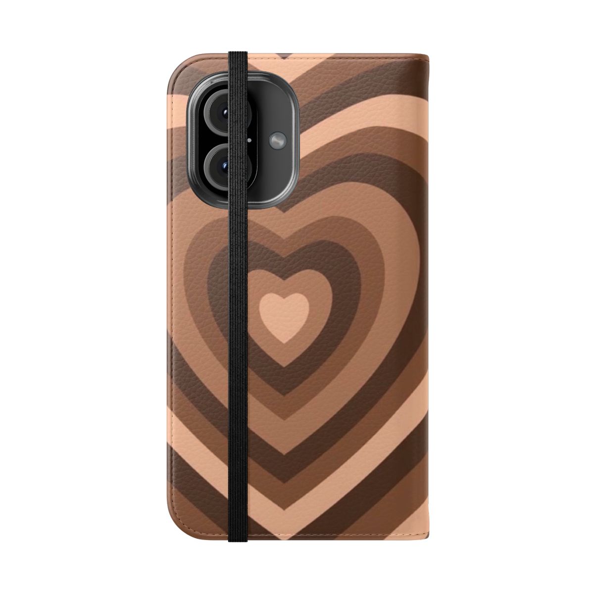 Brown heart-shaped phone case with a contemporary indie aesthetic design - Folded Front