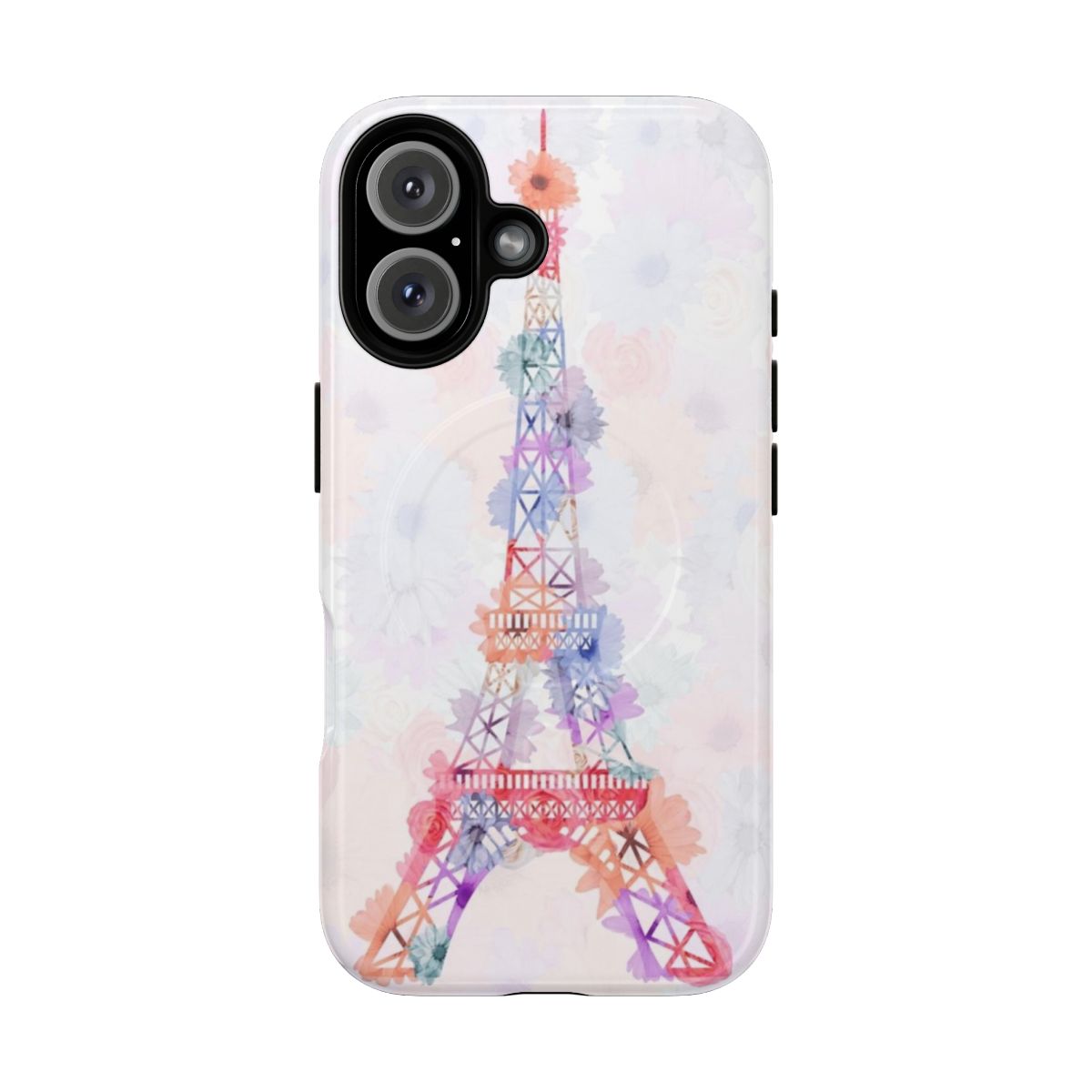 Colorful floral pattern phone case featuring the iconic Eiffel Tower in Paris