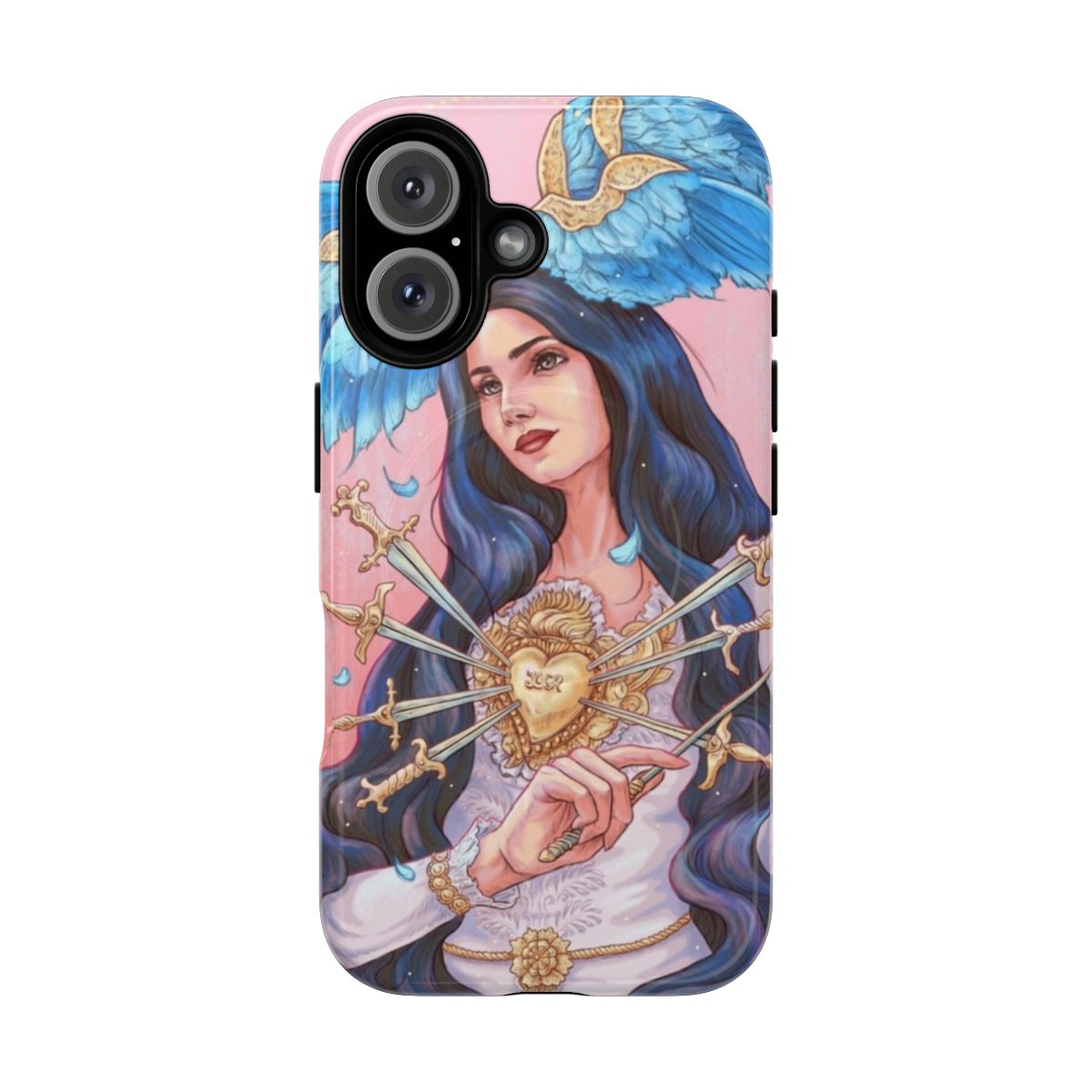 A modern, feminine phone case with an ethereal angelic wings design in pastel colors.