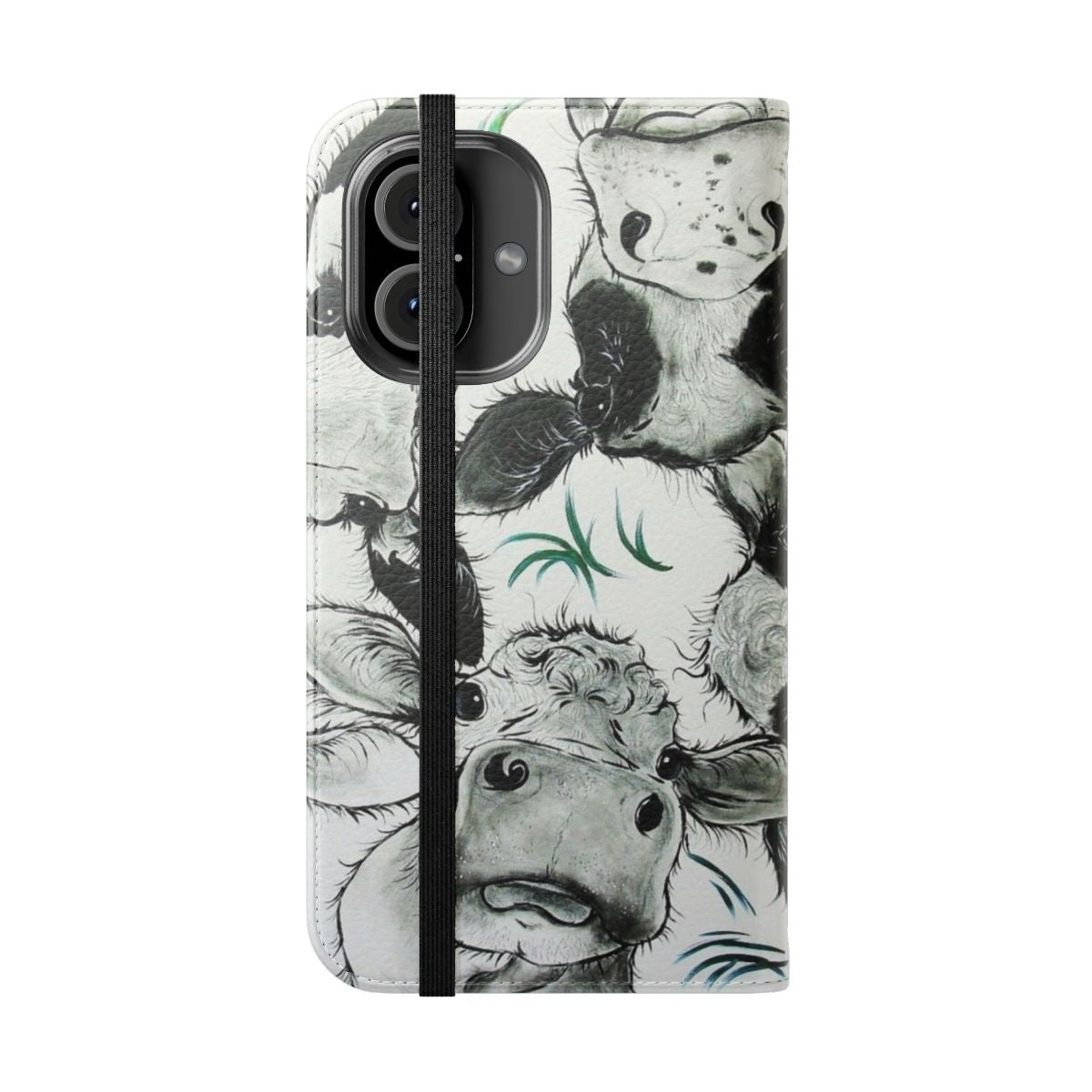 Charcoal and white cow print pattern on a flip phone case - Folded Front