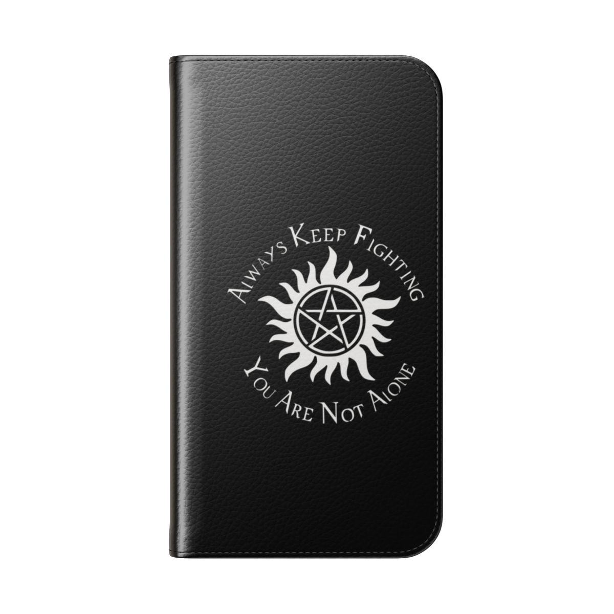 Supernatural-themed flip cover phone case with anti-possession symbol, Winchester brothers and other characters - Folded Back