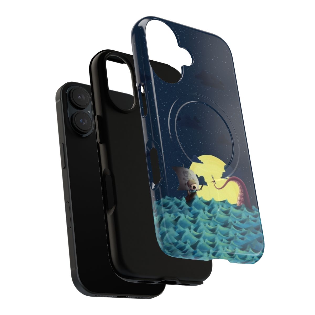 Magnetic tough phone case featuring a colorful pirate-themed design with elements like a crescent moon, stars, an octopus, and a ship. - Layers