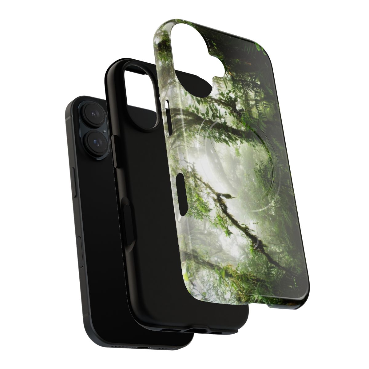 Magnetic phone case with a lush rainforest design, featuring clouds, mist, and greenery. - Layers