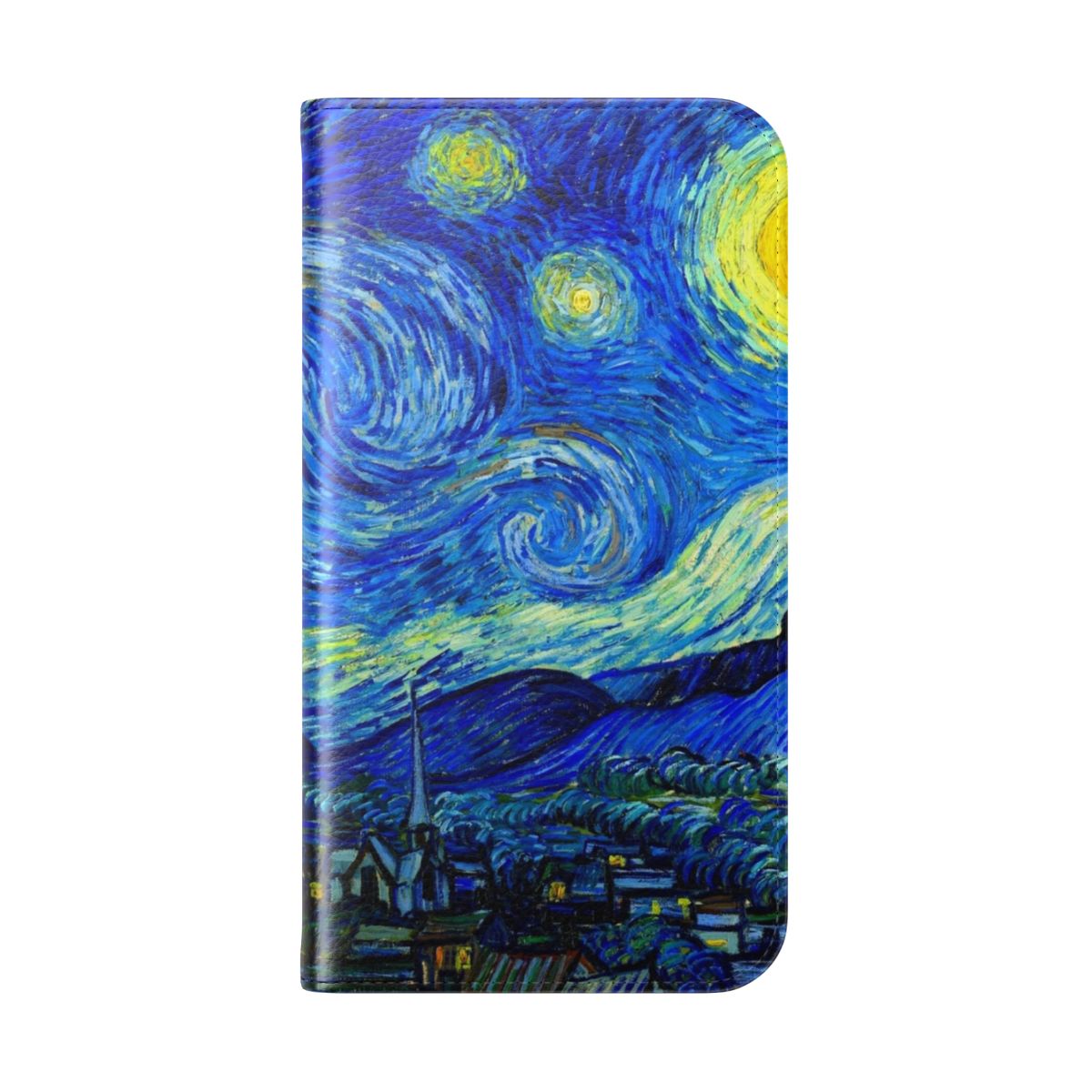 A vibrant blue and yellow flip phone case featuring the iconic "Starry Night" painting by the post-impressionist artist Vincent van Gogh. - Folded Back