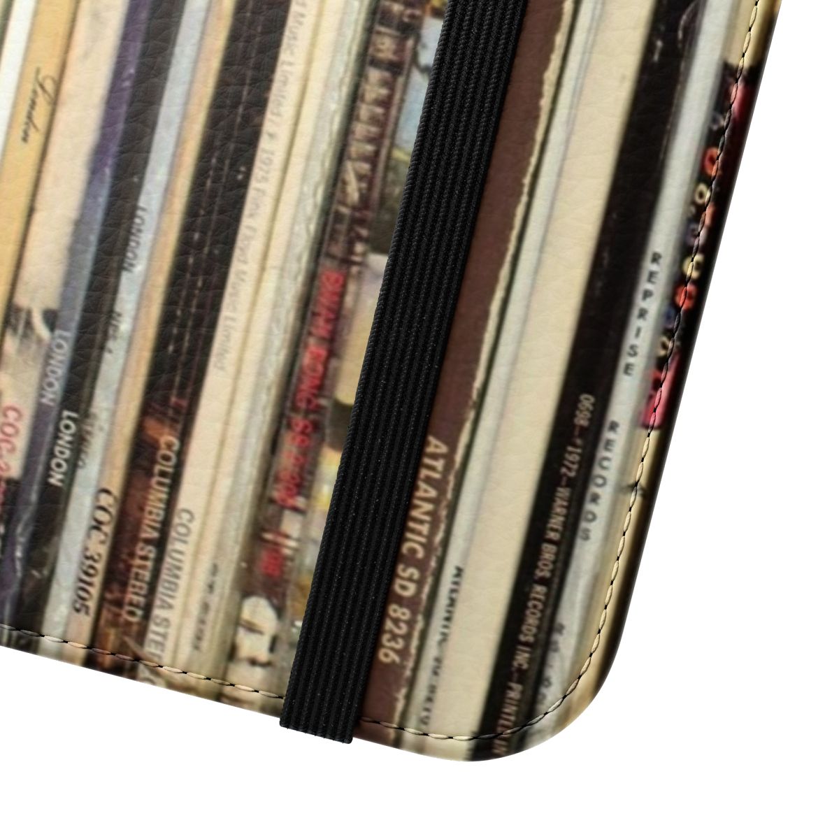 Vintage-inspired flip phone case featuring classic rock vinyl records design - Close Up