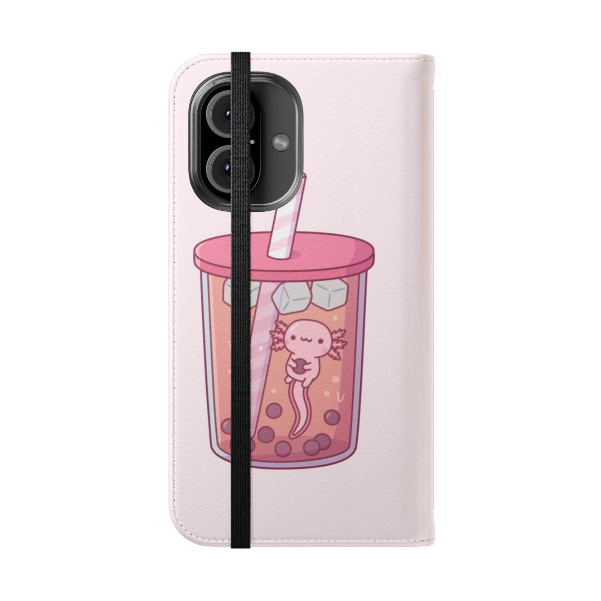 A vibrant and whimsical phone case featuring a cute axolotl swimming in a bubble tea drink. - Folded Front