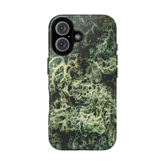 Earthy green moss and fungi phone case with a wooded forest landscape design.