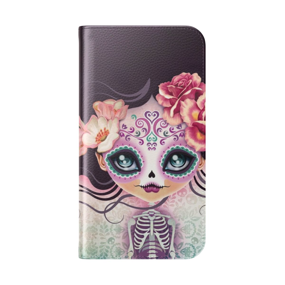 A vibrant sugar skull-inspired flip phone case with a gothic, boho-chic design. - Folded Back