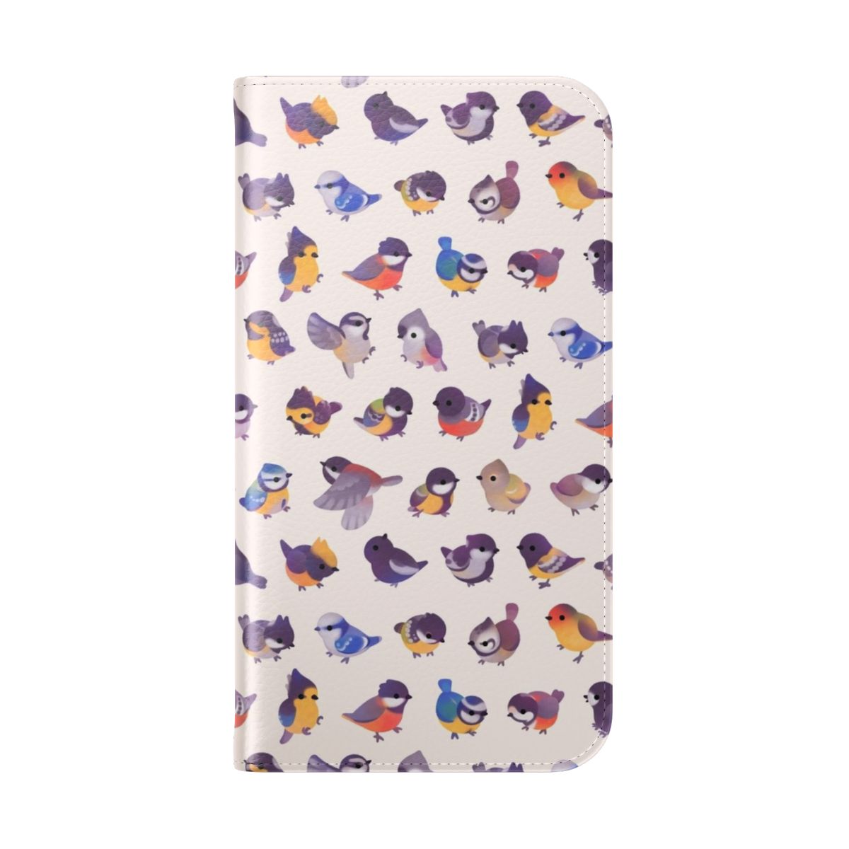 A flip cover phone case featuring a beautifully illustrated little bird (Paridae) design. - Folded Back