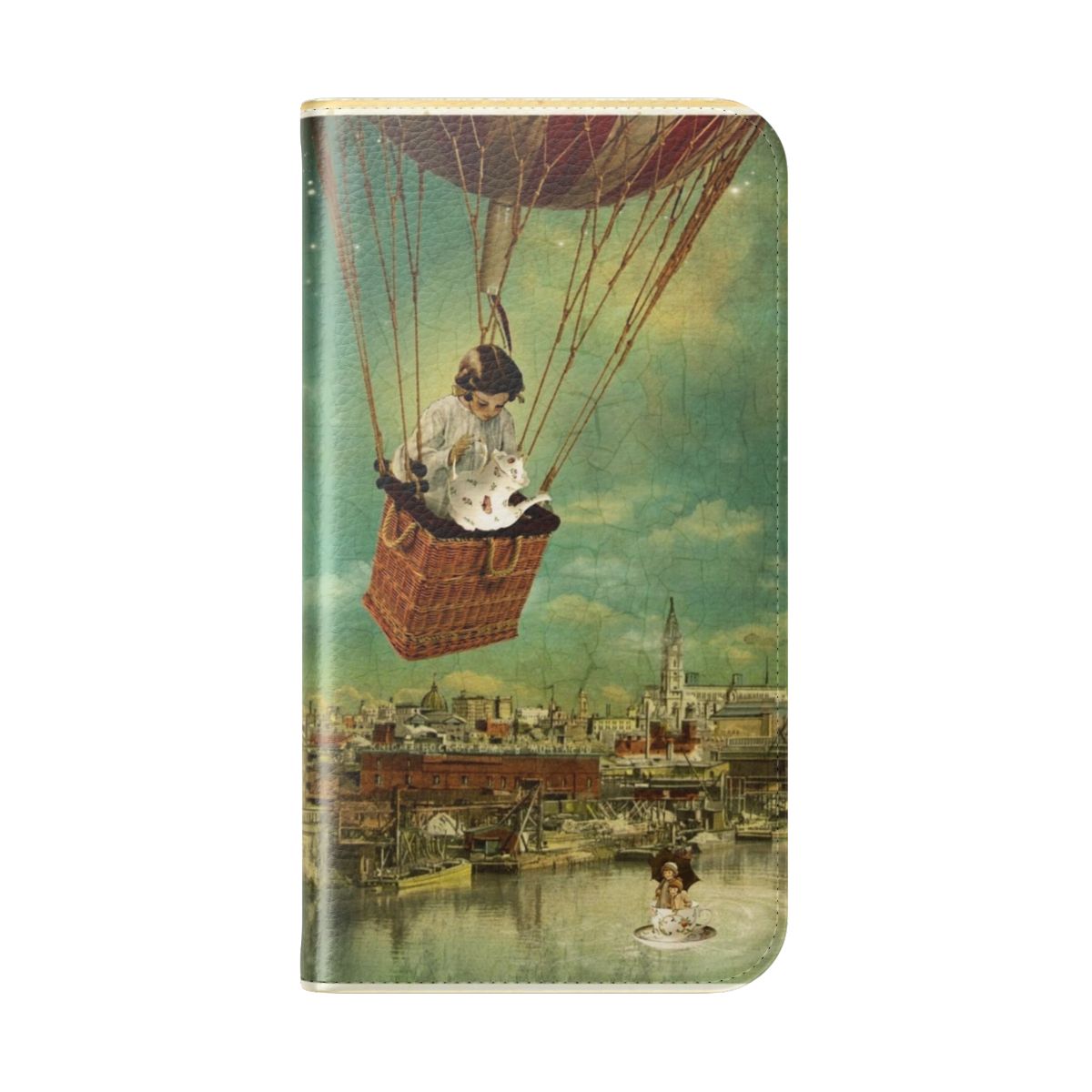 Whimsical phone case cover featuring a fairytale-inspired tea party scene with a girl, balloons, and a surreal, dreamlike atmosphere. - Folded Back